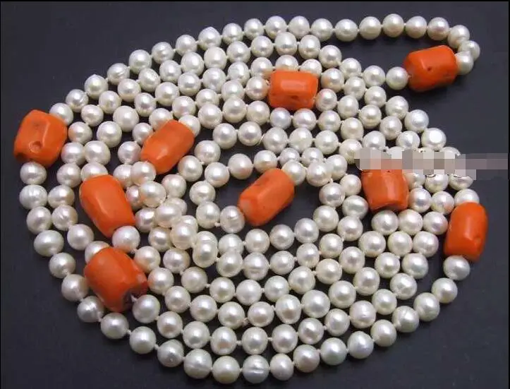 

FREE SHIPPING HOT sell new Style >>>>SALE Long 60" white 6-7mm pearl with Natural Baroque Pink Coral Necklace