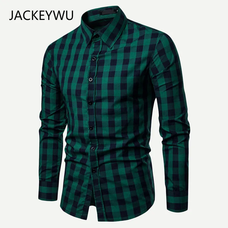 

Drop Shipping Men Plaid Shirt Long Sleeve Cotton Shirts 2019 Fashion Casual Slim Fit Checkered Chemise Homme Man Clothes