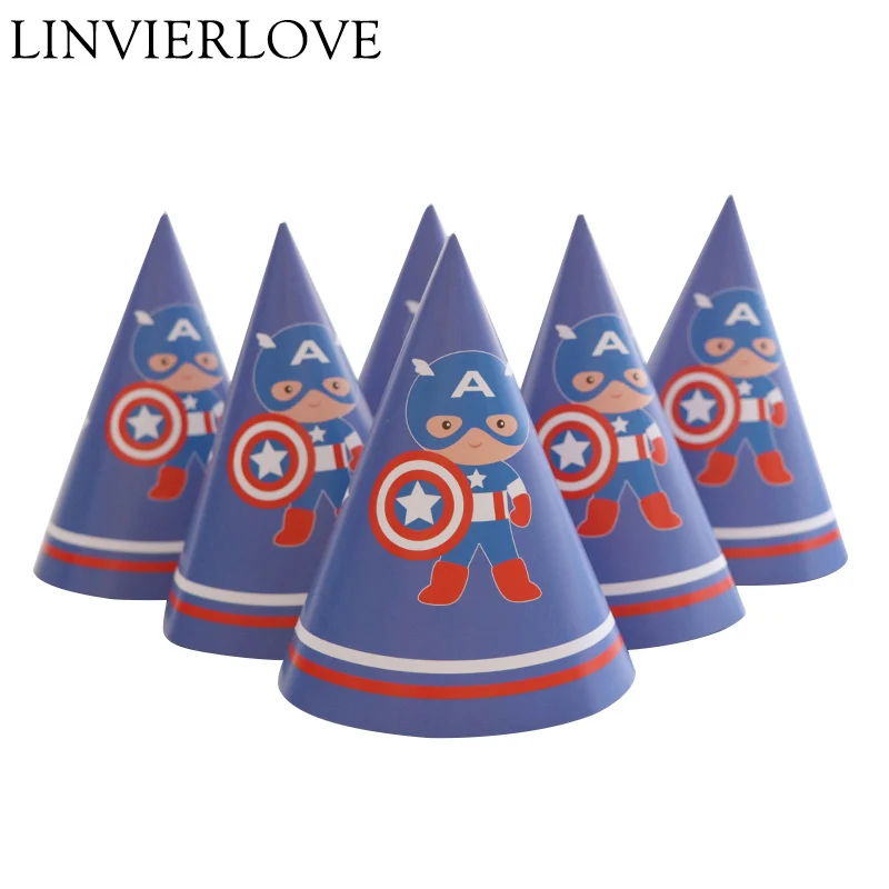 

6pcs/set Captain America Theme Paper Party Hats Caps For Kids Boys Girls Happy Birthday Baby Shower Party Decoration Supplies