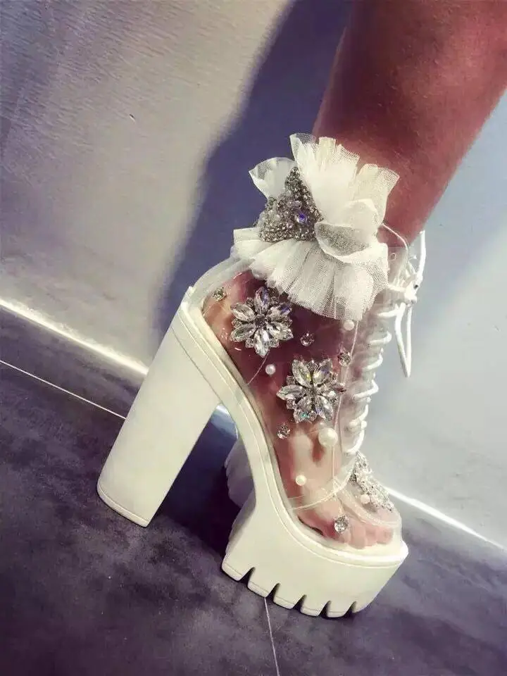 

Newest Style Women PVC Transparent Leather Round Toe Platform Ankle Boots Bling Crystal Decoration High Square Heel Booties
