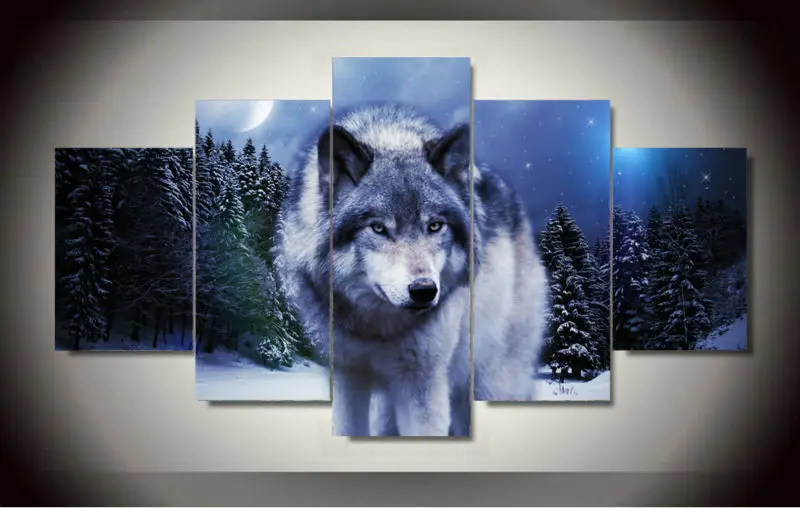 Abstract wolf Framed Colorful Canvas Print Wall Art Home Decor 5 Piece