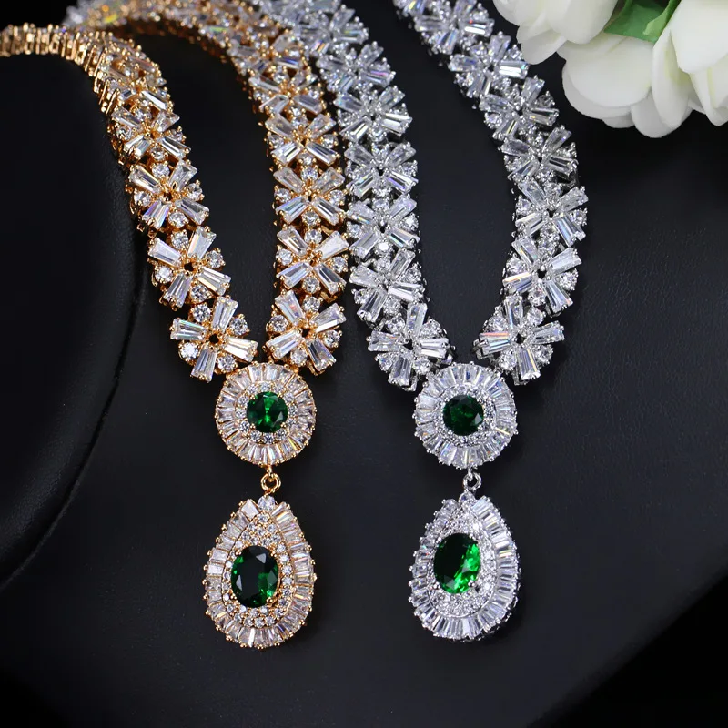 BeaQueen Luxury CZ Stone Paved Red Garnet Austria Crystal Statement Necklace Earrings for Women Wedding Jewelry Set JS059