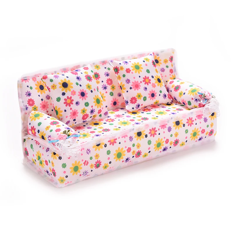 

Mini Furniture Flower Sofa 20cm Couch +2 Cushions For Doll House Accessories