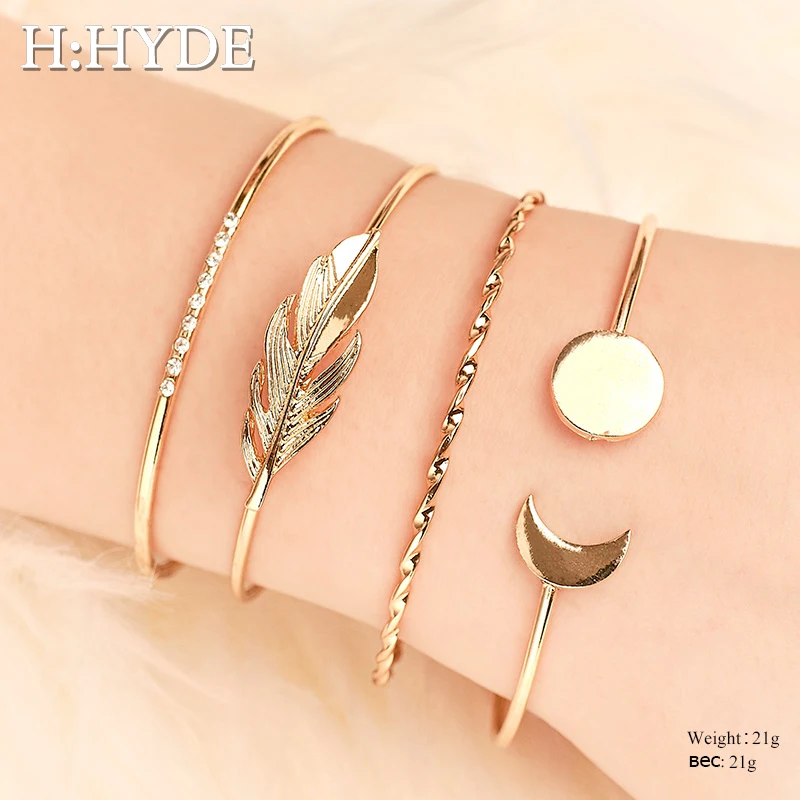 

H:HYDE 4 Pcs/set Women Fashion Crystal Leaves Arrow Knot Geometric Chain Gold Bracelet Set Bohemian Vintage Bangles Jewelry