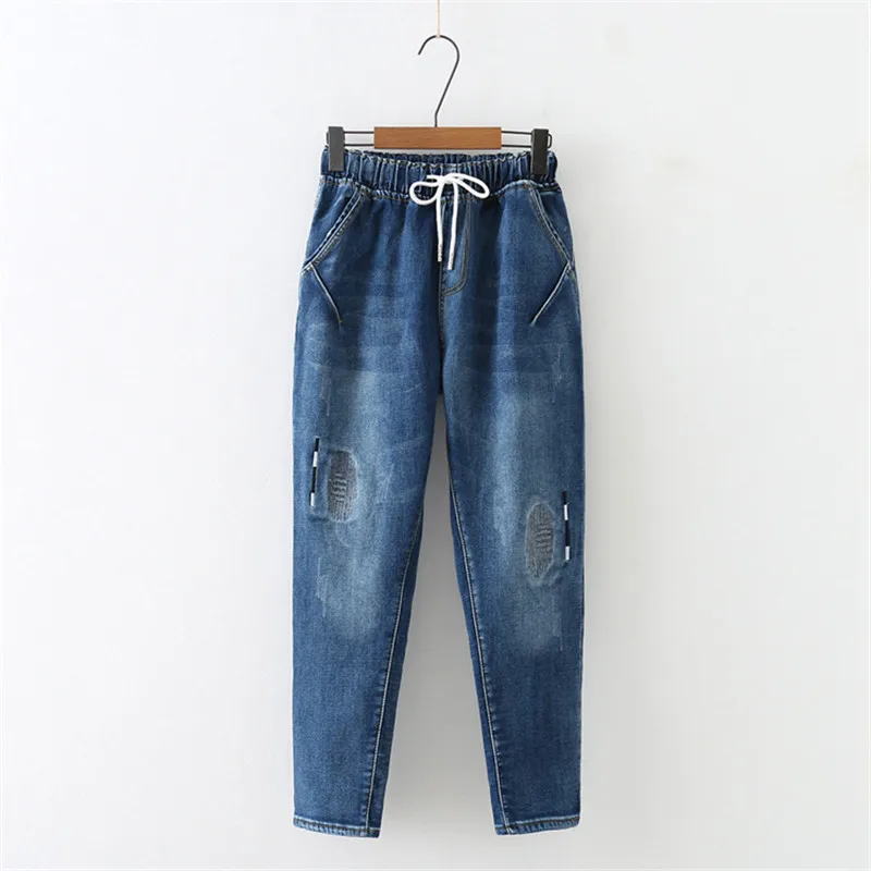 Women Jeans Black and Blue Plus Size Jeans 2019 New Spring Casual Loose Plus Vevet Pants Elastic Waist Mom Jeans Feminina LD724