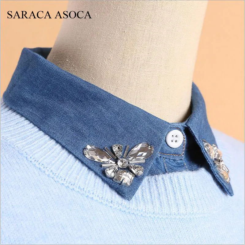 Fashion Women Manual Diamond Jean Shirt Fake Collar All Macth Sweater