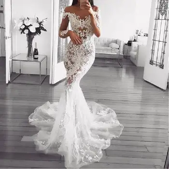 

Sexy Long Sleeve Lace Wedding Dresses 2020 robe de mariee Mermaid Wedding Gowns Long See Through Custom Made Bride Dress