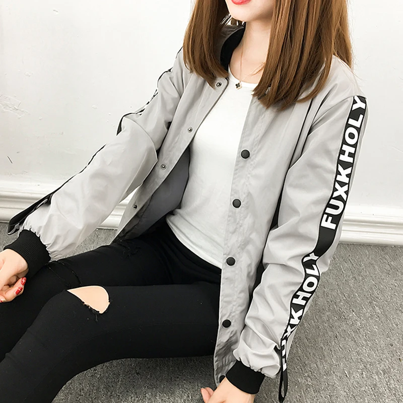 Woemns Jacket Spring Autumn New Women Bomber Jackets Print Casual Coat Female O-Neck Pockets Basic Jackets Korean Style
