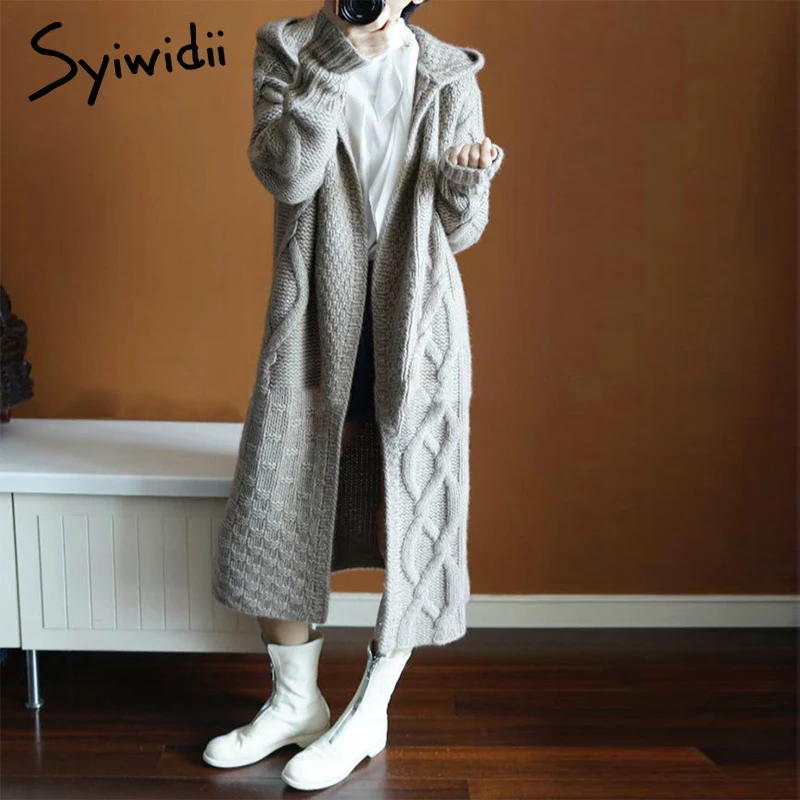

Elegant Knitted Cardigan Women Autumn Winter Oversized Thick Sweater Female Gray Loose Ladies Casual Hooded Long Cardigans 2019