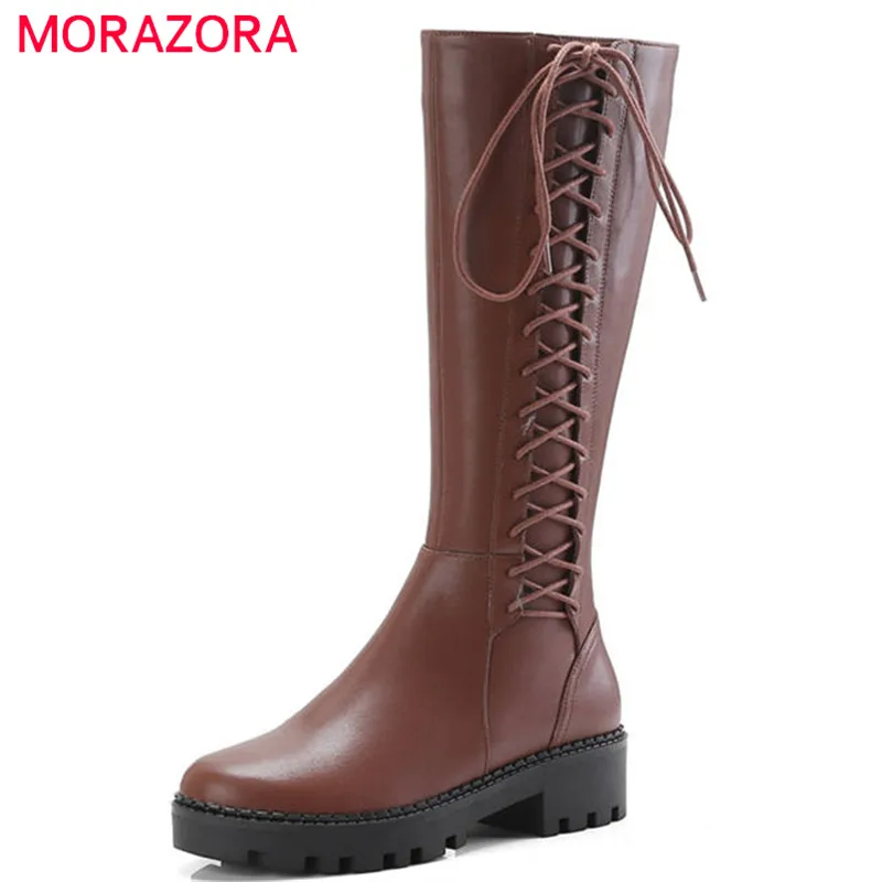 

MORAZORA 2020 newest genuine leather knee high boots women round toe autumn winter boots zipper lace up punk dress shoes woman