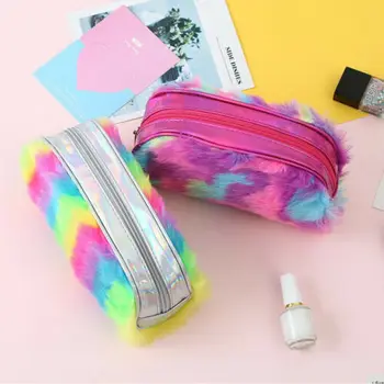 

Beauty furry Cosmetic Makeup Bag 2019 Women rainbow furry hand Travel Cosmetic Bag Organizer Makeup Case Pouch