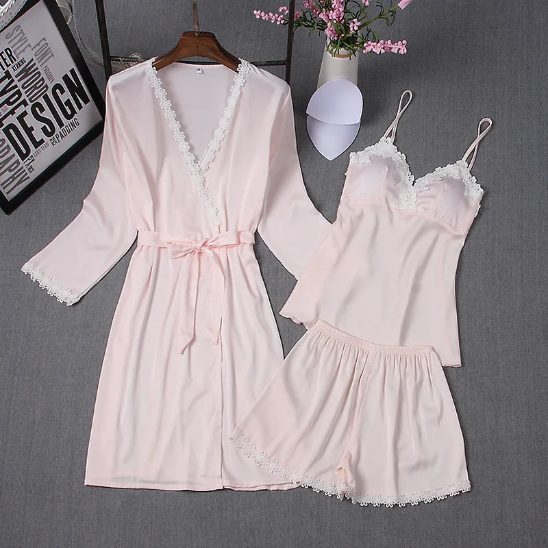 

Sleep Comfort 3 Pieces Women Pajamas Sets with Chest Pad Sexy Satin Sleepwear Pink Lace Casual Pyjama Femme Home Wear