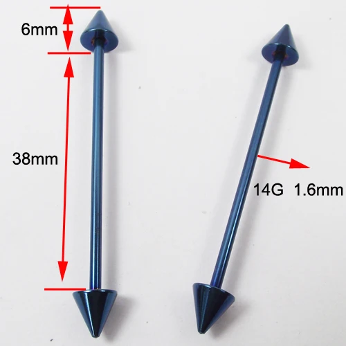 2 шт. 1,6x38x6 мм 14 г Модные Длинные Промышленные прямые штанги из нержавеющей стали, шип, шарики, пирсинг, ювелирные изделия для тела - Окраска металла: Blue Spike