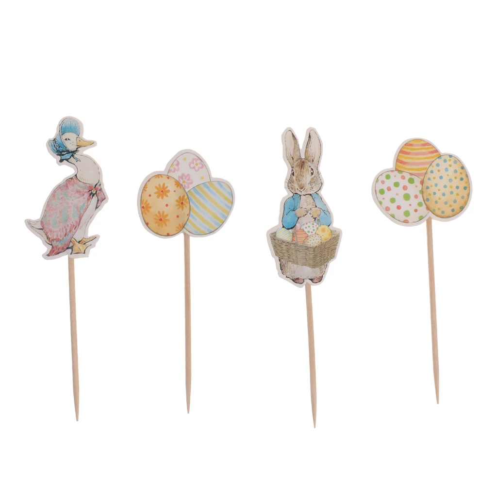 48pcs Happy Easter Rabbit Egg Cupcake Topper Cake Sticks Table Centerpieces Decor Kids Gift Birthday Party Favors 