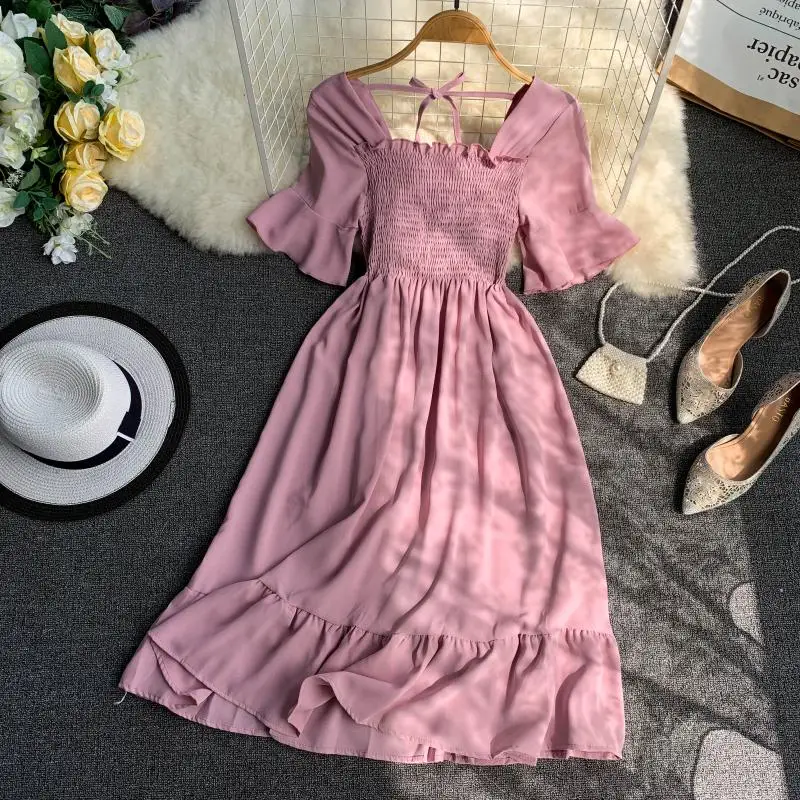 

Chic Korean Plain Sweet Square-necked Short Flare Sleeve High Waist Thin A-line Dress Women Vestidos G663