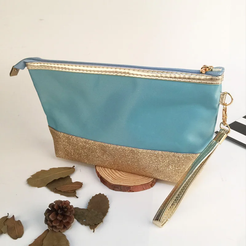 24.5*15cm Glitter Patchwork Cosmetic Bag Wholesale Blanks Triangle Glitter Wristlet Clutch Gold