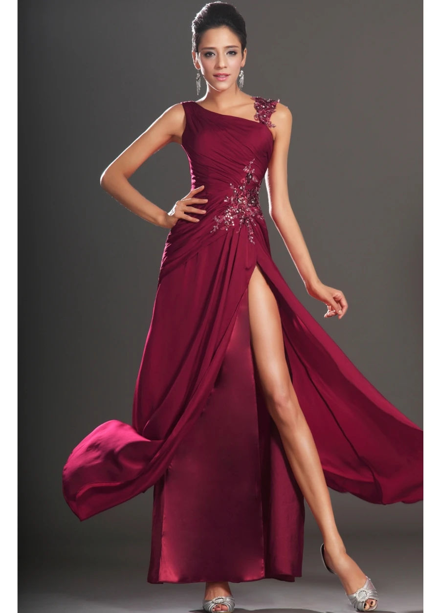 

SUN644 Dark Red Free Shipping A-line Vestido Longo Chiffon Ankle Length High Slit Side Gown Formal Evening Dress Cap Sleeve
