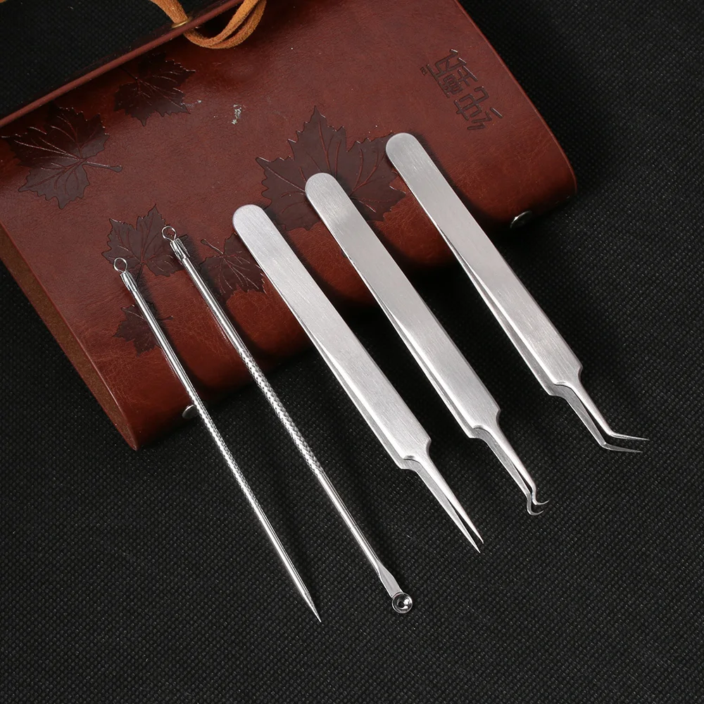 

5Pc/Set Stainless Steel Bend Curved Facial Extractor Blackhead Acne Blemish Remover Tweezers+Whitehead Needle Tools 11.5/12.3CM