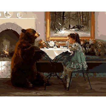 

Dyed On The Canvas, Digital Oil Painting By Digital Drawing Home Decoration Craft - Bear And Girl