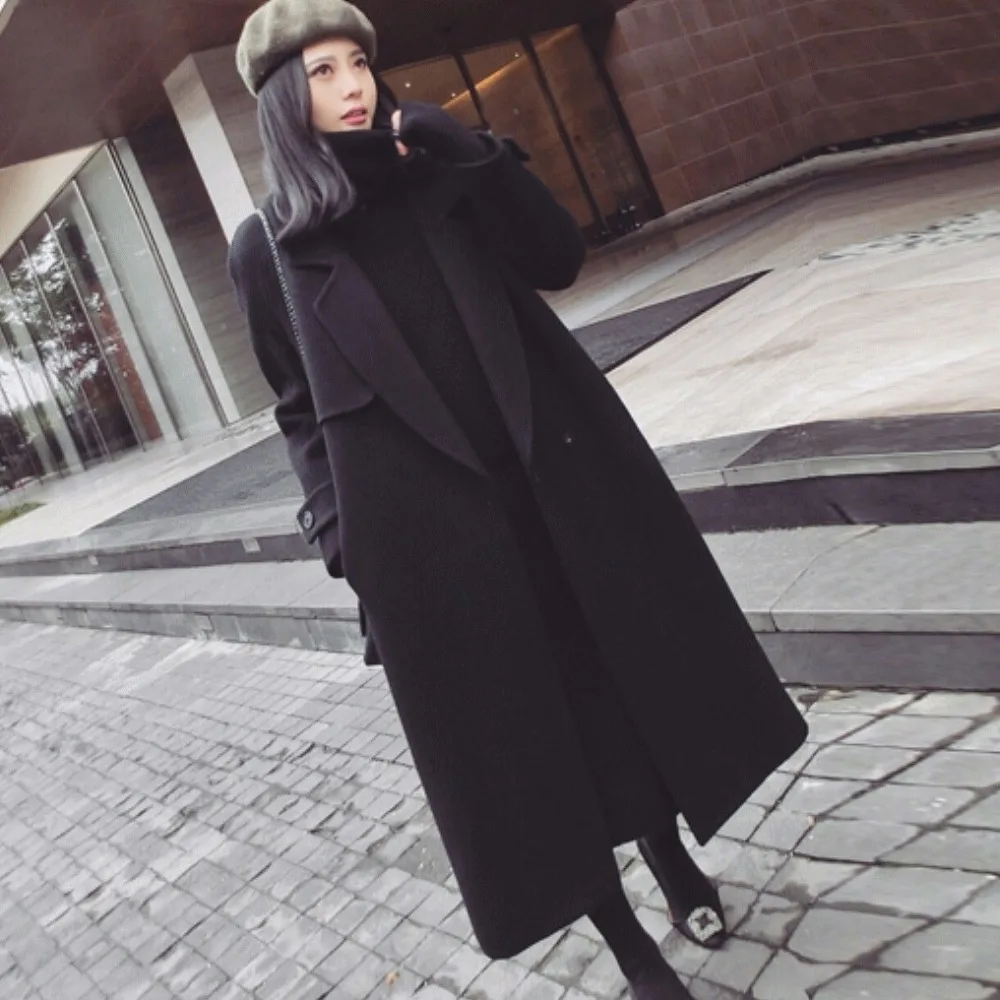 Зимнее длинное шерстяное Женское пальто Черное Женское шерстяное пальто с регулируемой талией верхняя одежда повседневное свободное зимнее пальто женское XS-2XL