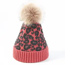 Осень-зима детская шапка Симпатичные леопардовым принтом помпон Hat для Детские Плюшевые Теплая вязаная шляпа Детская Толстая Кепки для