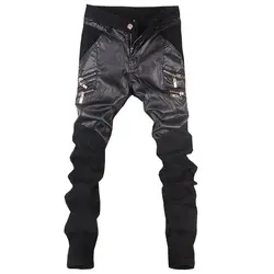 Горячая новинка 2017 Мужская искусственная кожа прямые брюки мотоциклетные повседневные узкие брюки черный размер 28-36 A106