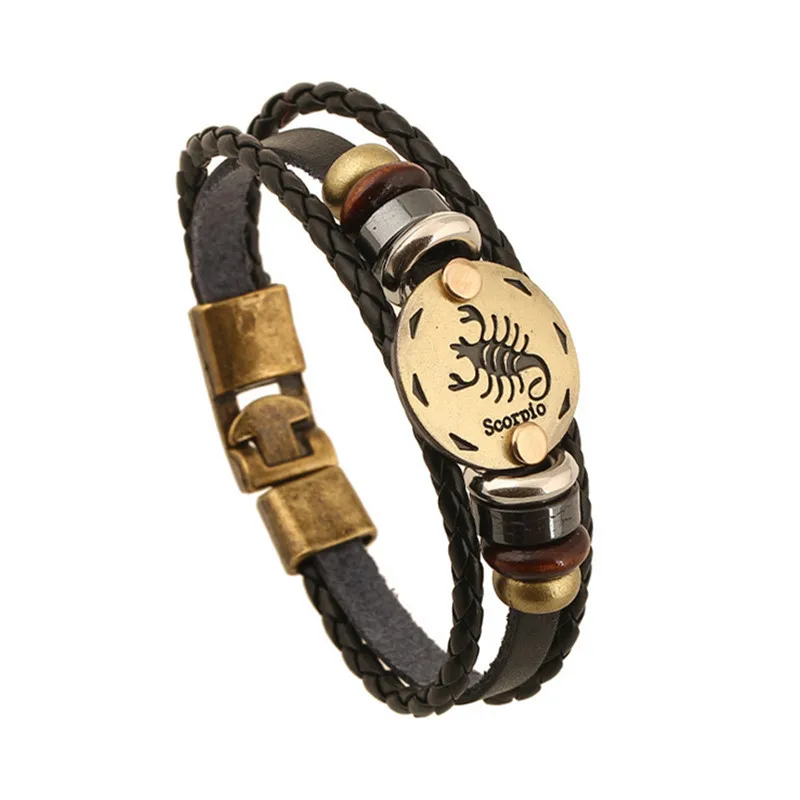 Бронзовые пряжки сплава 12 браслеты с изображениями созвездий панк кожаный браслет со знаком зодиака деревянная бусина черный Гальский камень Шарм ювелирные изделия Z-370 - Окраска металла: scorpio
