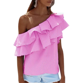 

Plus Size Women Striped Blouses Summer Sexy Off Shoulder Top Ruffles Striped Shirts Kawaii Pink Blusas Femininos Tops