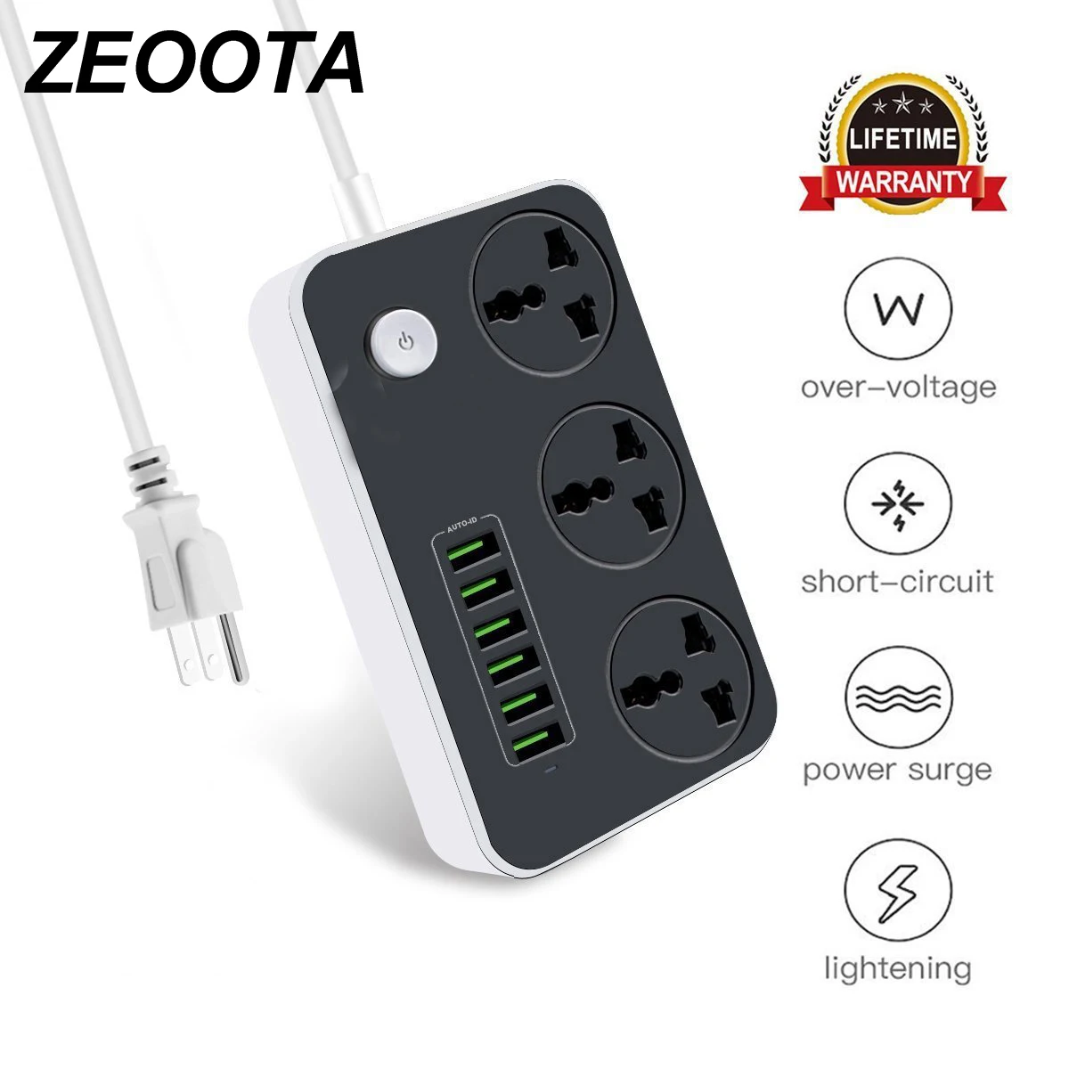 

Power Strip Universal Socket 3 Outlets 6 Quick USB 5V 3.4A 17W Charging Station 2500W Surge Protector 6.5ft Cord Circuit Breaker