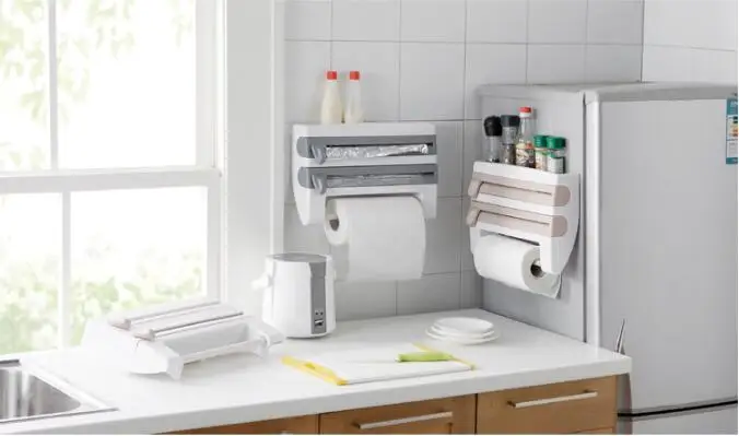 

1PC Multi-functional 6 in 1 Aluminum Film Paper Towel Holder Wrap Cutter Spice Jar Holder Kitchen Storage Shelf Rack OK 0728