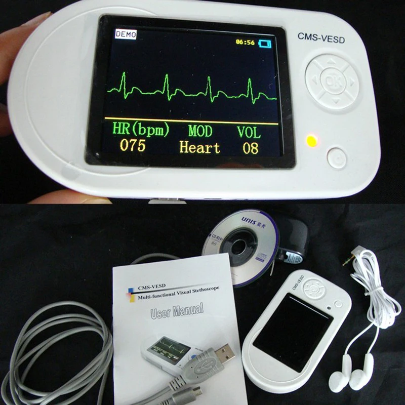 CMS-VESD Fonendoscopio Визуальный Электронный стетоскоп с ECG, PR, SPO2 ПК программное обеспечение и обзор данных! 48 ч отправка