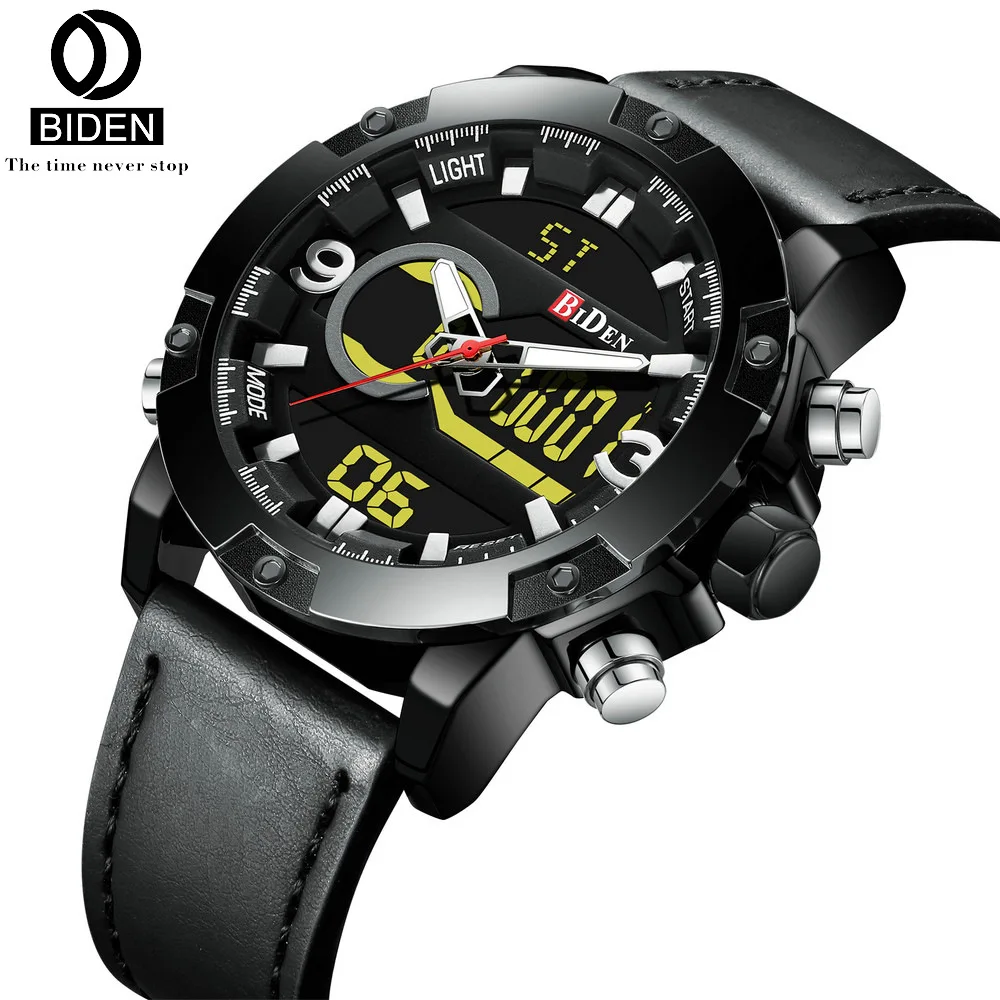 

BIDEN Men Military Sports Watches LED Double Movement Chronograph Watch Leather Alarm Auto Display Wrist Watch Relogio Masculino