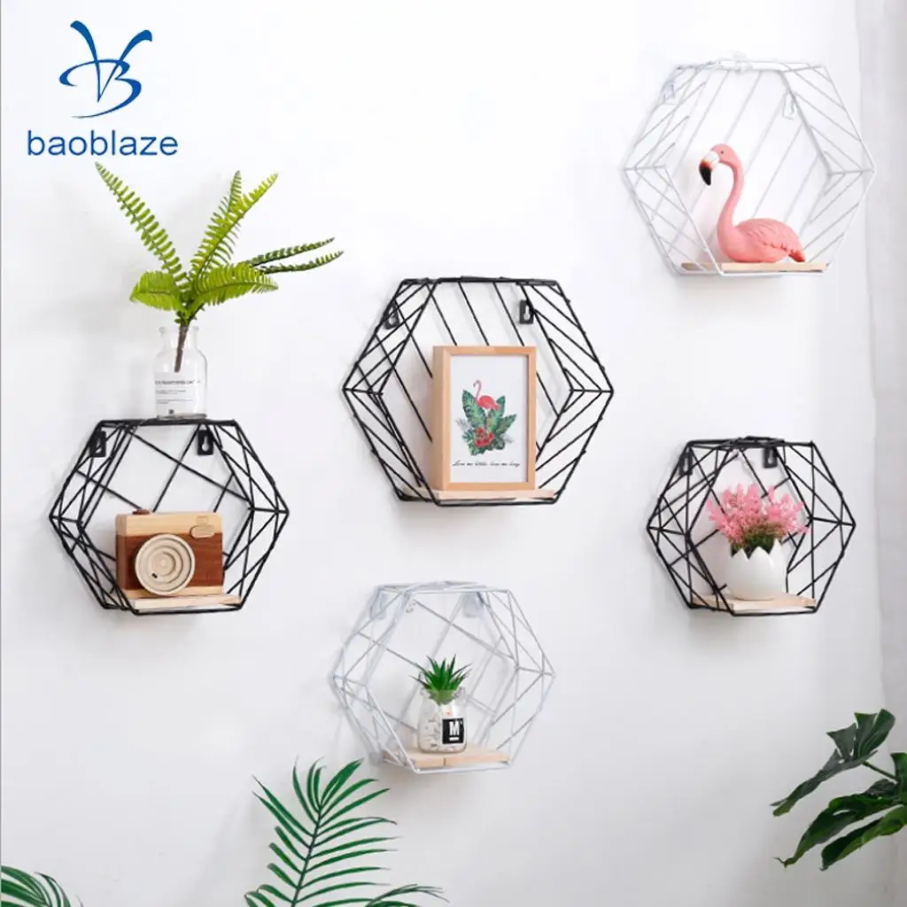 Baoblaze Hexagon Iron Wooden Wall Shelf Shadow Box Display Rack Shelf Storage Unit for Home Bedroom Balcony Passway