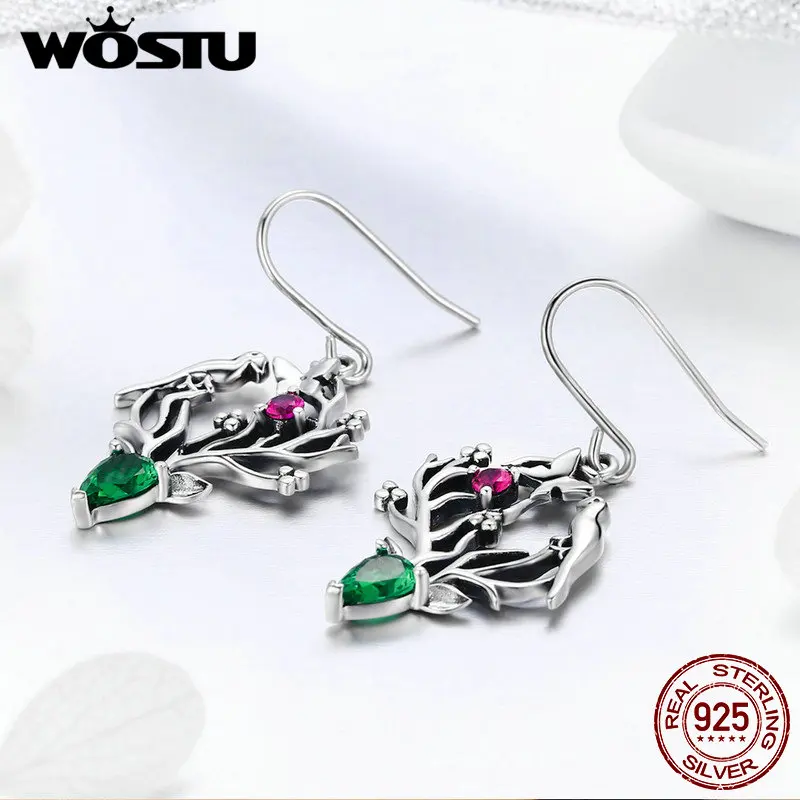 

WOSTU High Quality Real 925 Sterling Silver Elk Legend Green Crystal Drop Earrings For Women Wedding Fashion Jewelry Gift BKE367