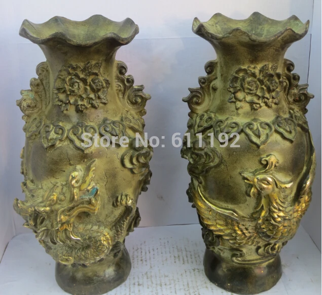 

A pair Antique Bronze Gilt dragon Phoenix Flower vases Metal crafts, Wdding gift decoration Vase,Size: 23*13 cm