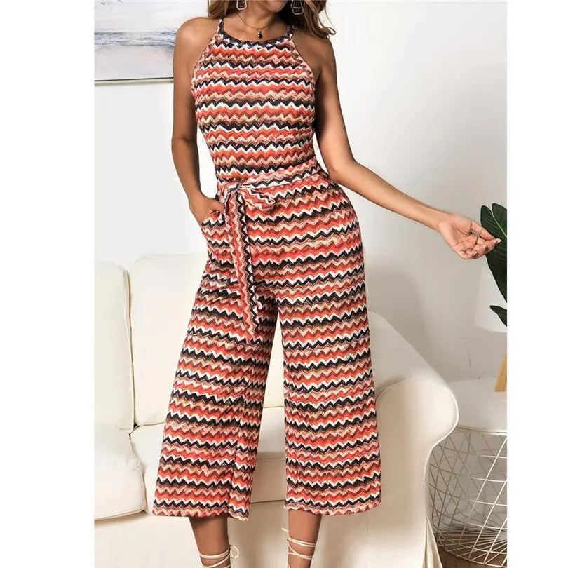 New Fashion Women Summer Sexy Sleeveless Multicolour Striped Jumpsuit Clubwear Wide Leg Pants Outfit Long Pants Jumpsuit #4A18 (25)