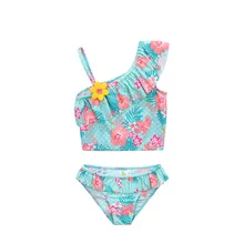 Одежда для купания для девочек, детей пикантные на одно плечо, с принтом цветка две детали с принтом купальные костюмы, летний комплект одежды с рюшами детская пляжная одежда сплит бикини