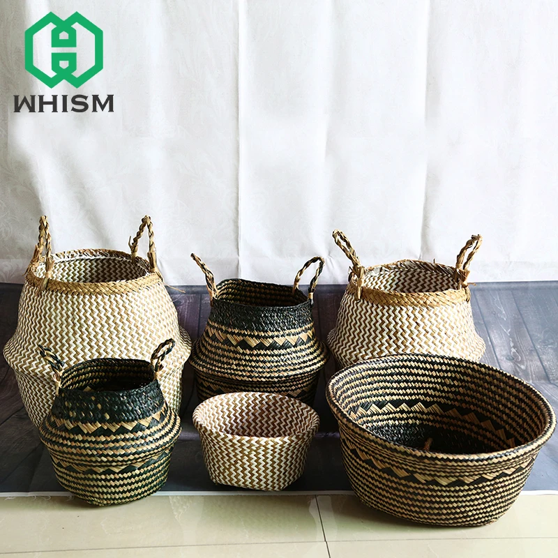 WHISM أنيقة أعشاب بحرية سلة التخزين زهرة وعاء أنيق سلة خوص وعاء النبات اللعب سلة الغسيل الحاويات المنزل الديكور
