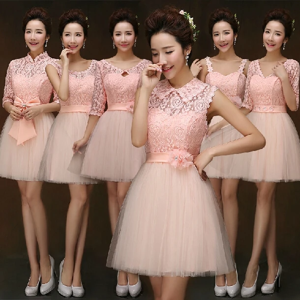 2017 Brand Summer Short Lace Pink Bridesmaid Dresses Sister Wedding 2017 Brand Summer Short Lace Pink Bridesmaid Dresses Sister Wedding Formal Flower Bow Bandage Dress Lady
