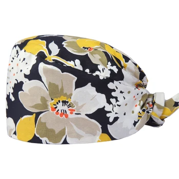 

Magnolia Floral Surgical Scrub Cap Women Cotton Medical Hats Tieback Adjustable Doctor Dentist Skull Caps Nurse Work Hats