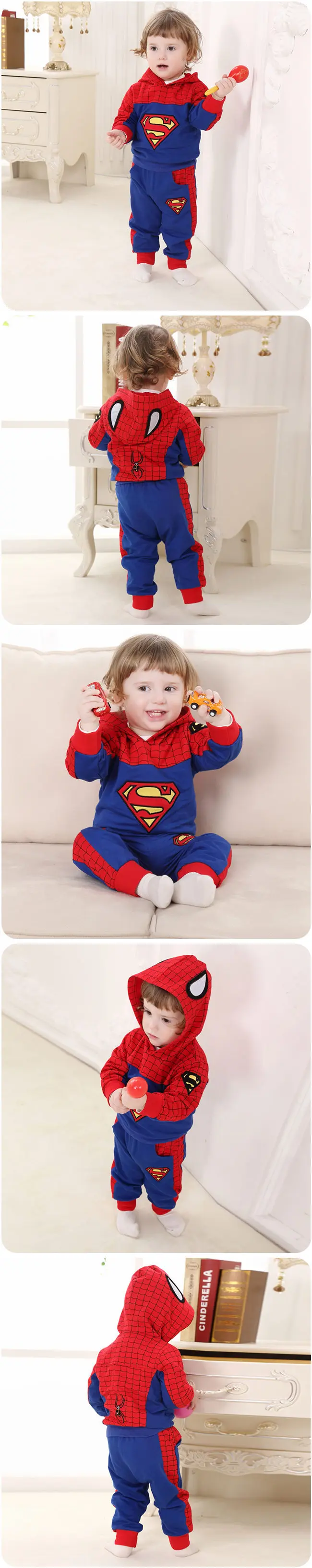 Толстовка с капюшоном и штаны для маленьких мальчиков с суперменом комплект одежды из 2 предметов для детей 1 и 2 лет, хлопок, новая одежда для маленьких мальчиков, RBS175004