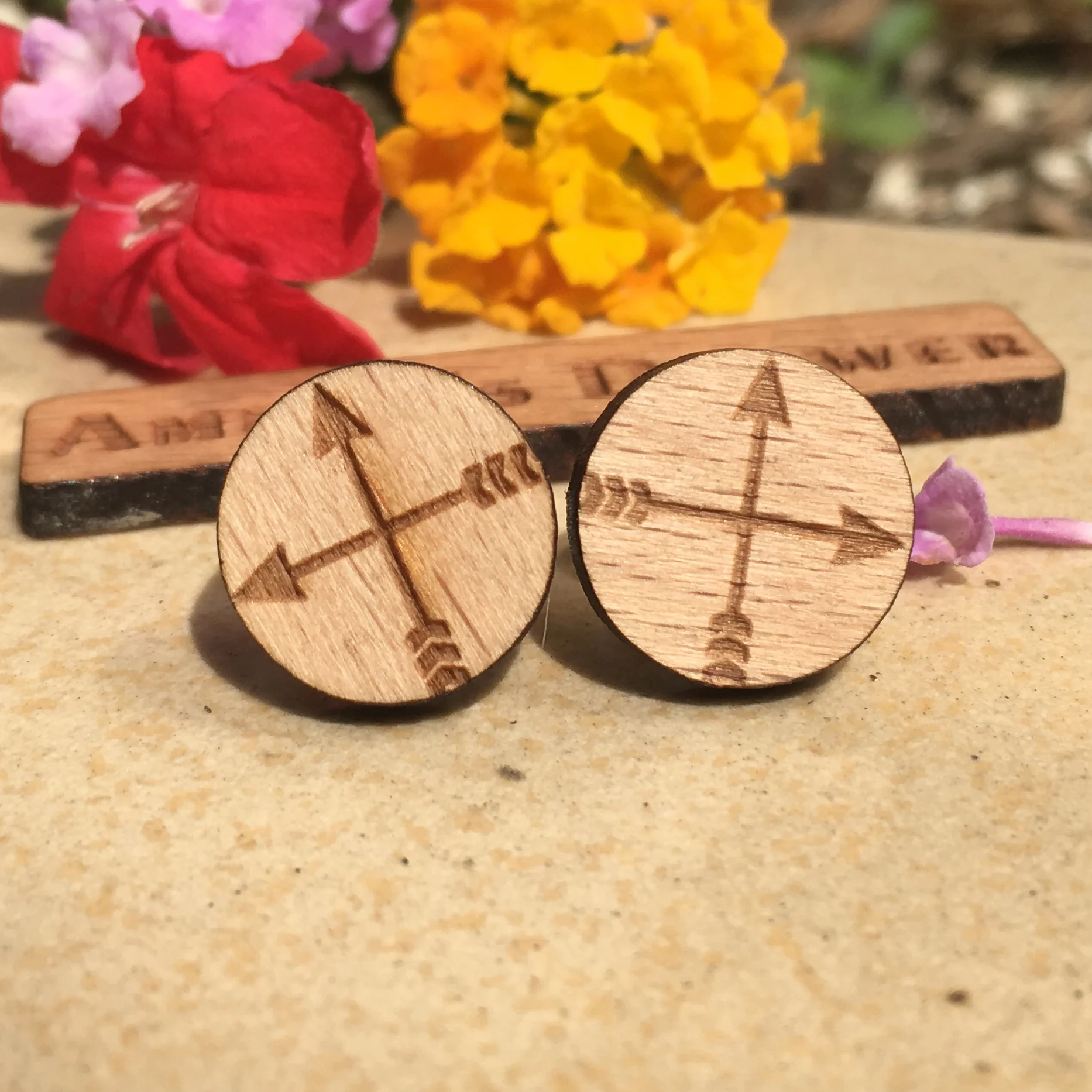 

Primordial round Laser engraved cross arrows earrings war style stud tribal wooden earring x 10 pairs
