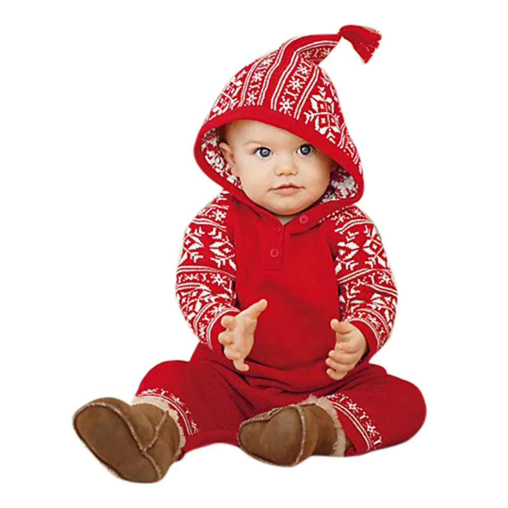 Милая Красная рождественская Одежда для новорожденных мальчиков и девочек; Рождественский комбинезон с капюшоном и принтом; комбинезон; пижамы; зимние теплые комбинезоны