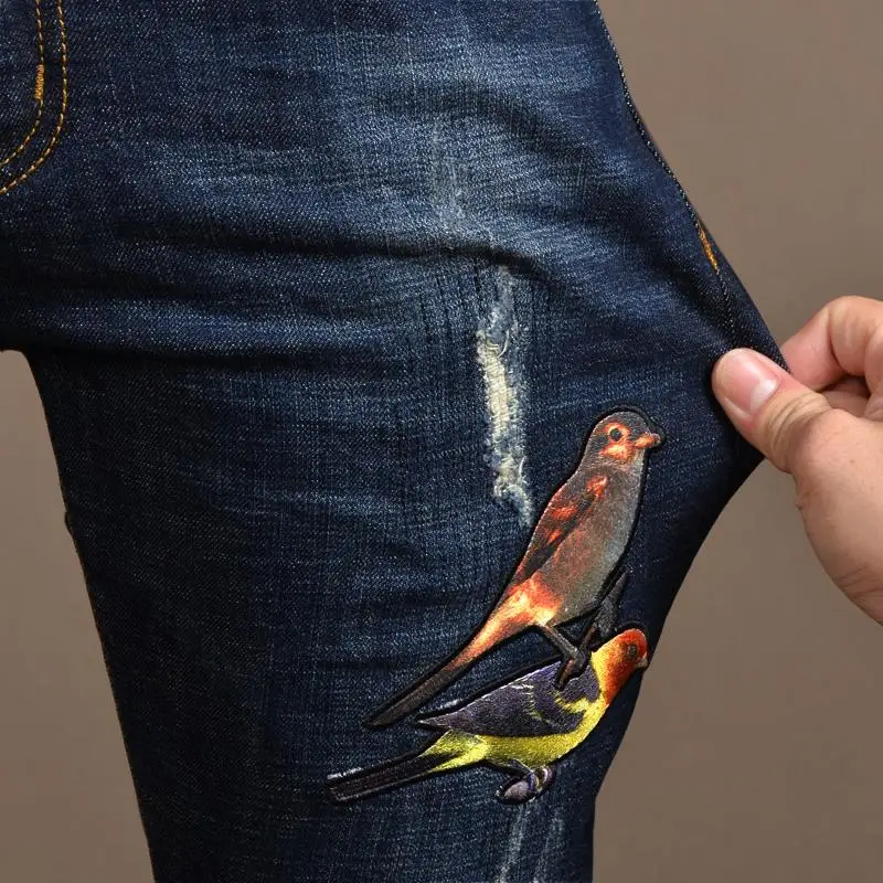 Fashion Mens Hole Ripped Jeans Animal Printing Casual Pants Stretch Slim Denim Pants Men Spring Fall Patchwork Trousers Male