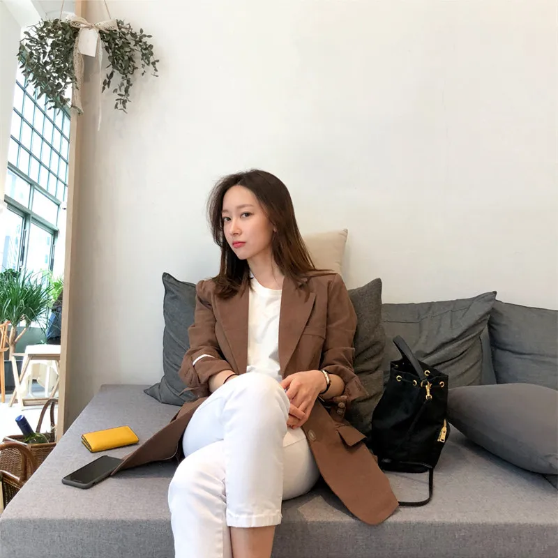 REALEFT Autumn New Arrival Solid Causal Single Breasted Women Jacket Blazer Notched Collar Female Suits Coats Fashion