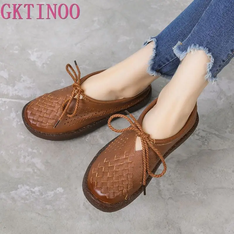 

GKTINOO Women Flat Shoes Lace Up Moccasins Soft Genuine Leather Ladies Shoes Handmade Flats Hollow Casual Women Shoes