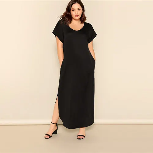 SHEIN, платье макси размера плюс, черное, с косым карманом, M-Slit Hem,, женское летнее Повседневное платье с карманами и v-образным вырезом, с коротким рукавом, однотонное, длинное, Dreeses - Цвет: Черный