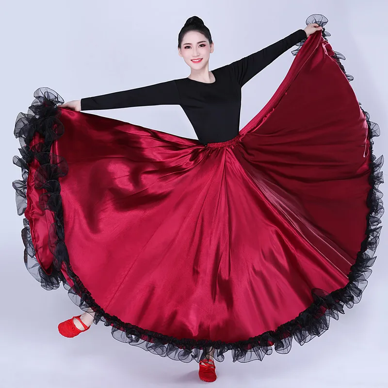 Взрослые женщины леди танец живота костюмы испанский бой быков танцевальная юбка открытие танец большие качели юбка представление цыганская одежда - Цвет: Wine Red