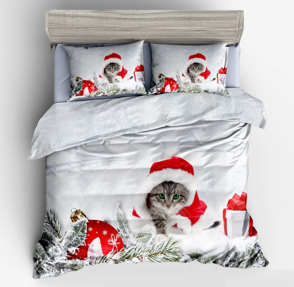 Fashion Cat Duvet Cover Set,Cat Wearing Red Christmas Hat in the Snow