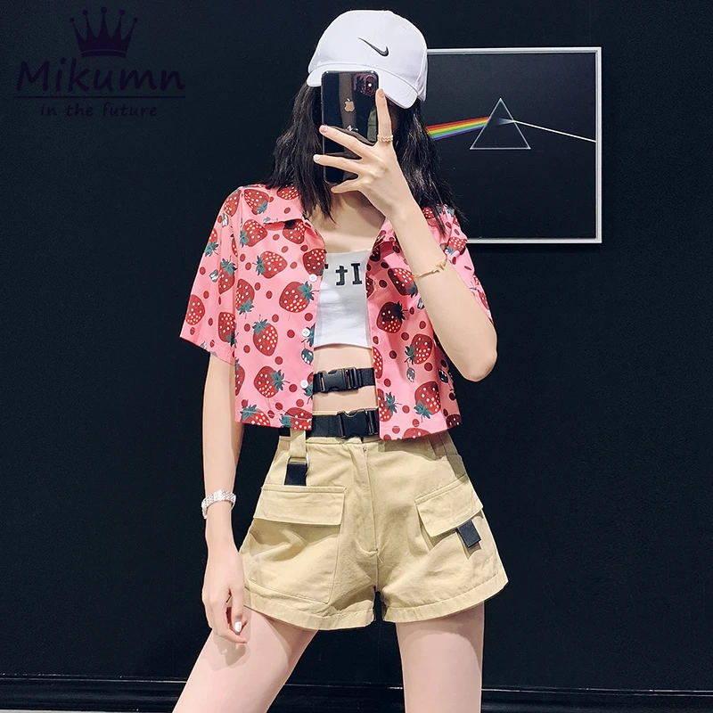 

Strawberry Print Shirt Punk Harajuku Style Women Blouse 2019 Female Cute Loose Short Sleeve Shirts Summer New Fashion Crop Tops